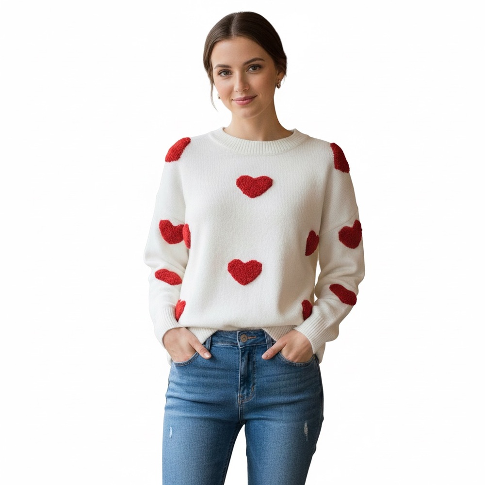 Retro Chunky 3D Heart Sweater Red White Valentines XL Cozy Fuzzy Whimsical Queen
